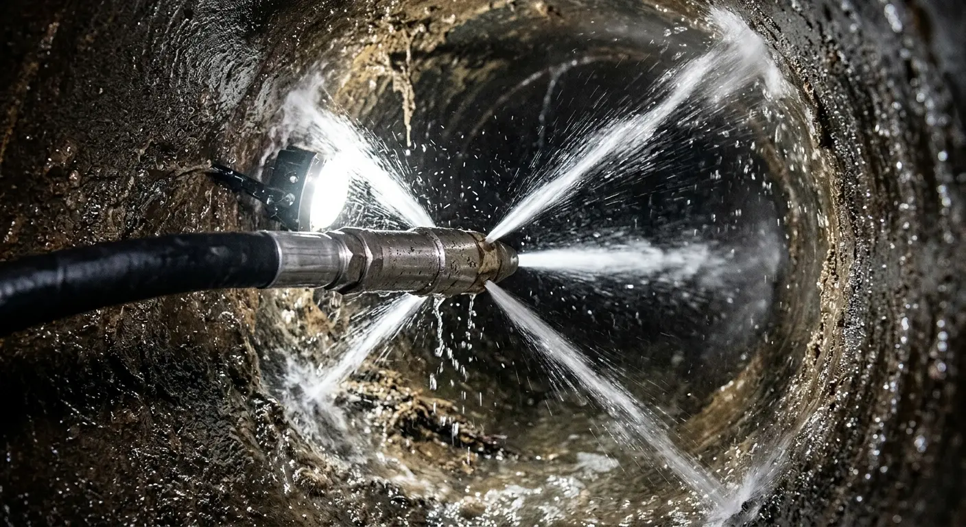 High-pressure hydro jetting nozzle cleaning sewer pipe for Emergency Drain Service in Hudson